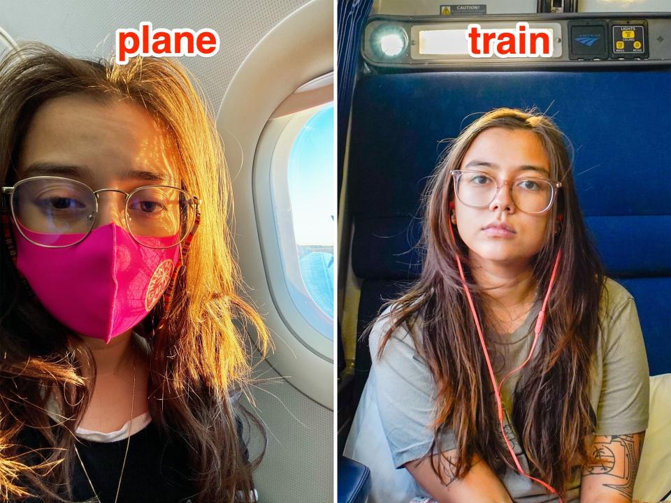 The author in a plane (L) and a train (R)