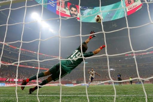 Diego Valeri of the MLS All-Stars scores the third penality kick against Juventus during their 2018 MLS All-Star Game, at Mercedes-Benz Stadium in Atlanta, Georgia, on August 1