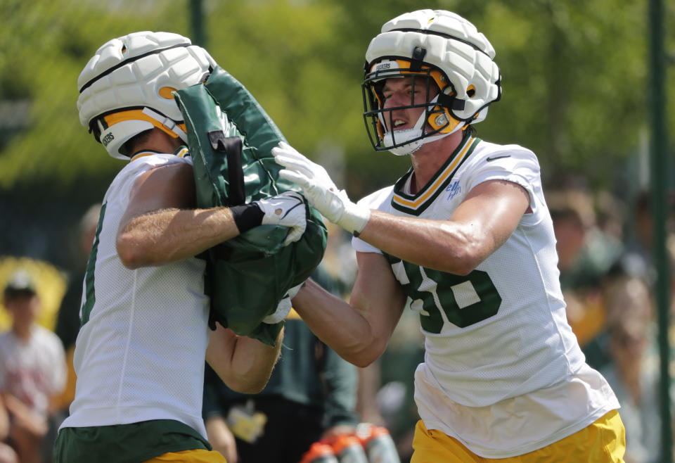 Jul 27, 2023; Green Bay, WI, USA; Green Bay Packers tight end Austin Allen (49) and tight end <a class="link " href="https://sports.yahoo.com/nfl/players/40074" data-i13n="sec:content-canvas;subsec:anchor_text;elm:context_link" data-ylk="slk:Luke Musgrave;sec:content-canvas;subsec:anchor_text;elm:context_link;itc:0">Luke Musgrave</a> (88) during training camp at Ray Nitschke Filed. Mandatory Credit: Daniel Powers-USA TODAY Sports