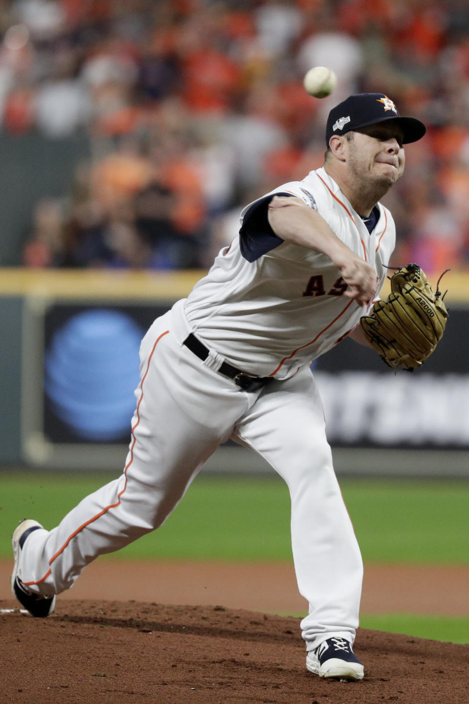 Houston Astros starting pitcher Brad Peacock throws against the New York Yankees during the first inning in Game 6 of baseball's American League Championship Series Saturday, Oct. 19, 2019, in Houston. (AP Photo/Eric Gay)