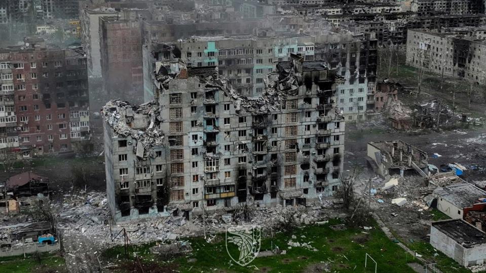 An aerial view shows destructions in the frontline town of Bakhmut (via REUTERS)