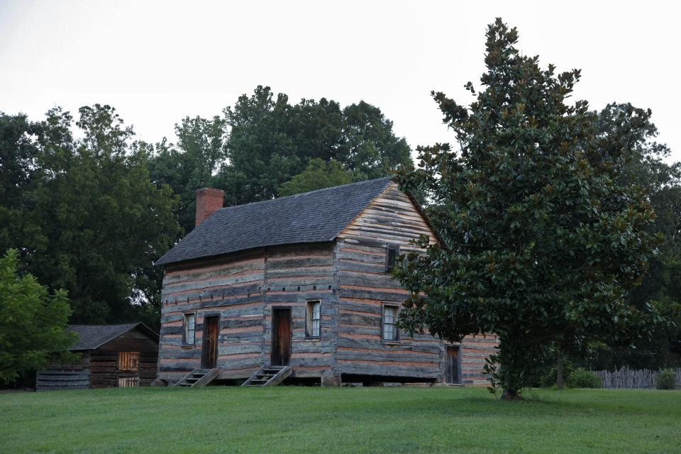 This July 17, 2012 photo shows the birthplace of President James K. Polk is shown in Pineville, N.C. Delegates in town for the Democratic National Convention, which begins Sept. 3, will find several places in and around Charlotte where they can soak up a little political history. Polk was a proponent of “Manifest Destiny” who helped expand the nation's boundaries. (AP Photo/Chuck Burton)