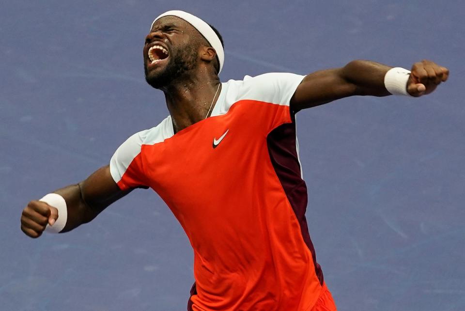 Frances Tiafoe shows his delight after beating Andrey Rublev (Seth Wenig/AP) (AP)