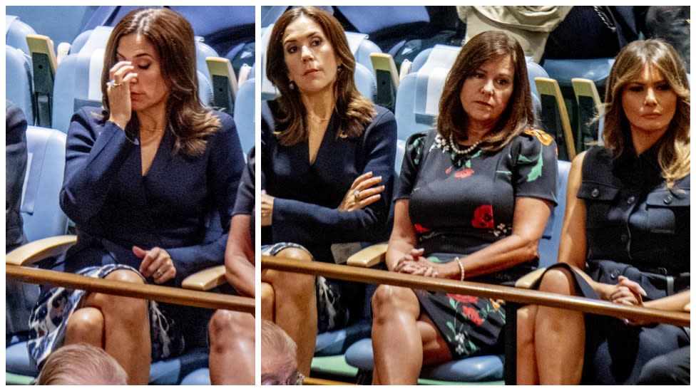 Princess Mary, shown at left and in a group photo, crossed her arms as she sat near first lady Melania Trump, right, during President Trump’s speech to the U.N. (Photos: AAP)