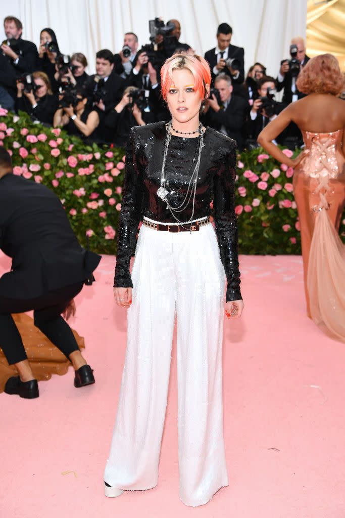 <p>Stewart delivered a Bowie-esque look for The 2019 Met Gala Celebrating Camp: Notes on Fashion in May.</p>