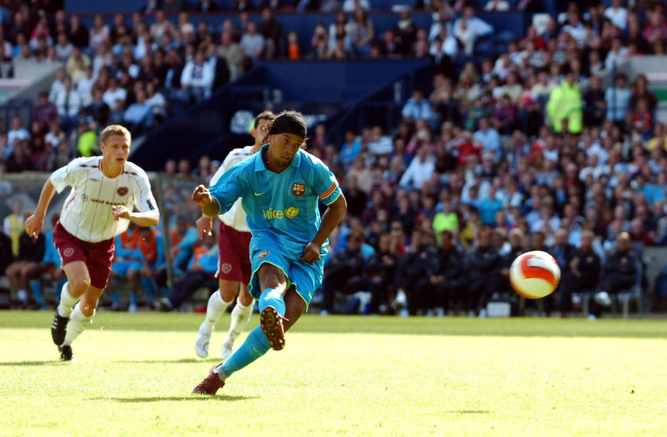 Barcelona's Ronaldinho scores from the penalty spot during the Friendly match at Murrayfield Stadium, Edinburgh.