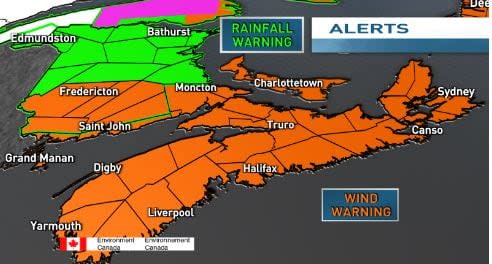 Rainfall warnings are in place for most of the province, along with wind warnings in the southern half.
