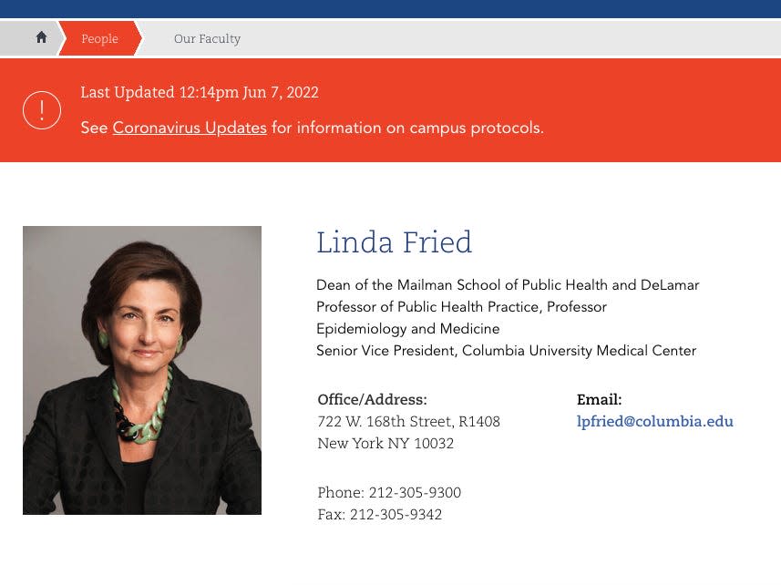 Screen cap of Linda Fried Dean bio at the Mailman School of Public Health, Columbia University