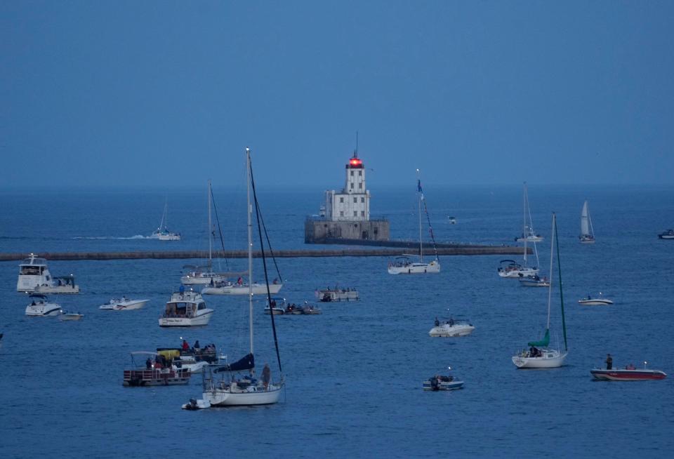 Boats are docked in Lake Michigan to watch the Milwaukee lakefront fireworks on Monday, July 3, 2023.