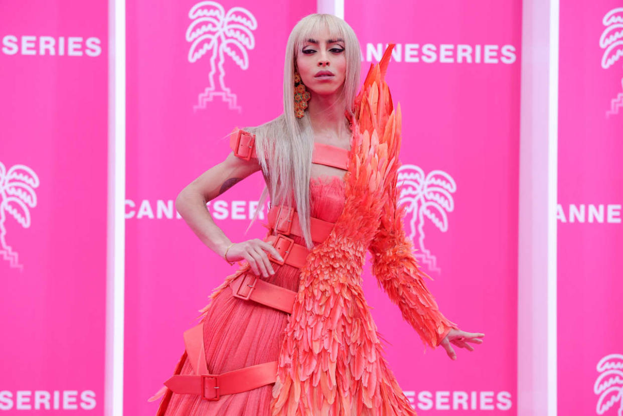 French singer and influencer Bilal Hassani poses on the pink carpet during the closing night of the 5th MCannes International Series Festival (Canneseries) in Cannes, southern France on April 6, 2022. (Photo by Valery HACHE / AFP)