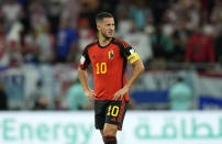 Belgium's Eden Hazard reacts at the end of the World Cup group F soccer match between Croatia and Belgium at the Ahmad Bin Ali Stadium in Al Rayyan, Qatar, Thursday, Dec. 1, 2022. (AP Photo/Francisco Seco)