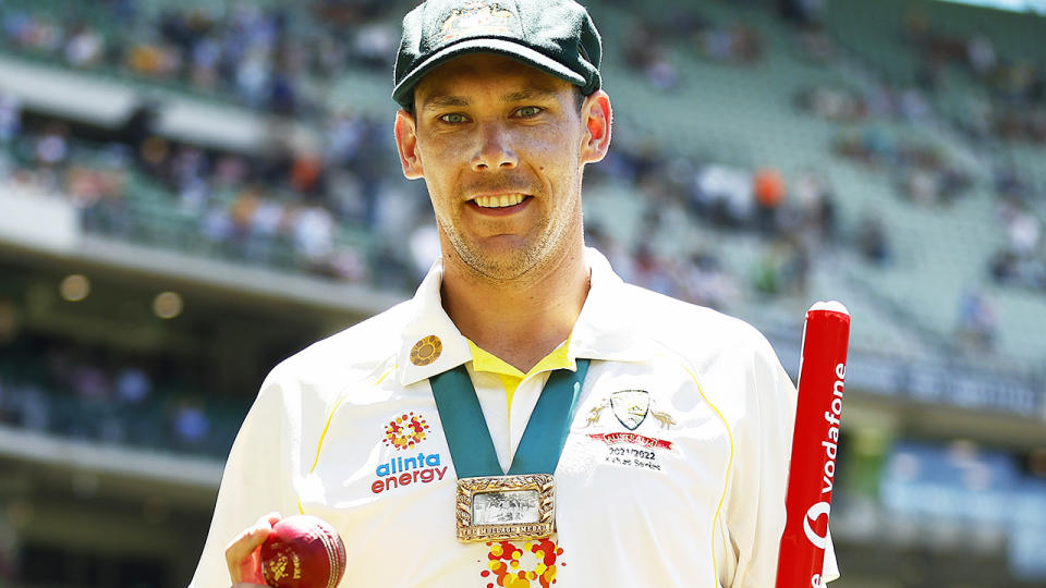 Scott Boland, pictured here with the Johnny Muller medal, match ball and stump after the third Ashes Test. 