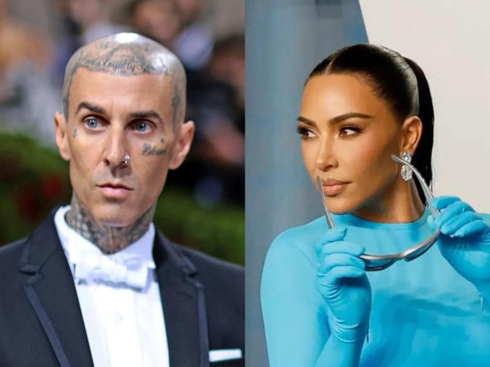 left: travis barker looking to the side wearing a white shirt and dark blazer;  right: kim kardashian in a bright blue dress holding sunglasses away from her face de ella and looking to the side