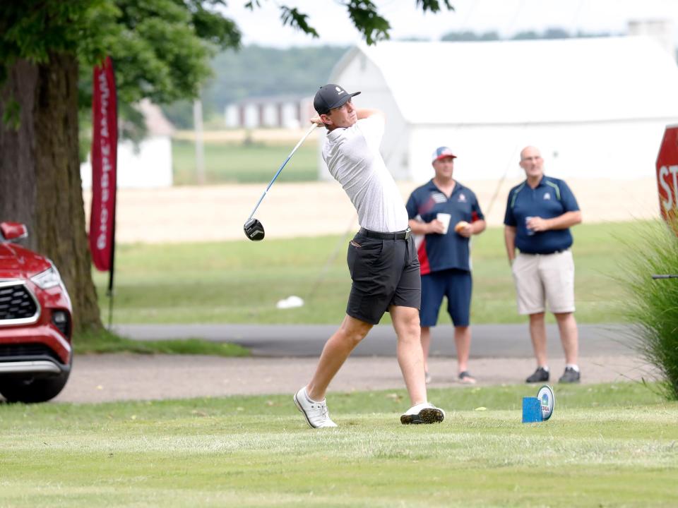 Blake Hartford tees off during the first round of the 46th annual Zanesville District Golf Association Amateur tournament on Friday, June 24, 2023, at Hickory Flats Golf Course in West Lafayette, Ohio.