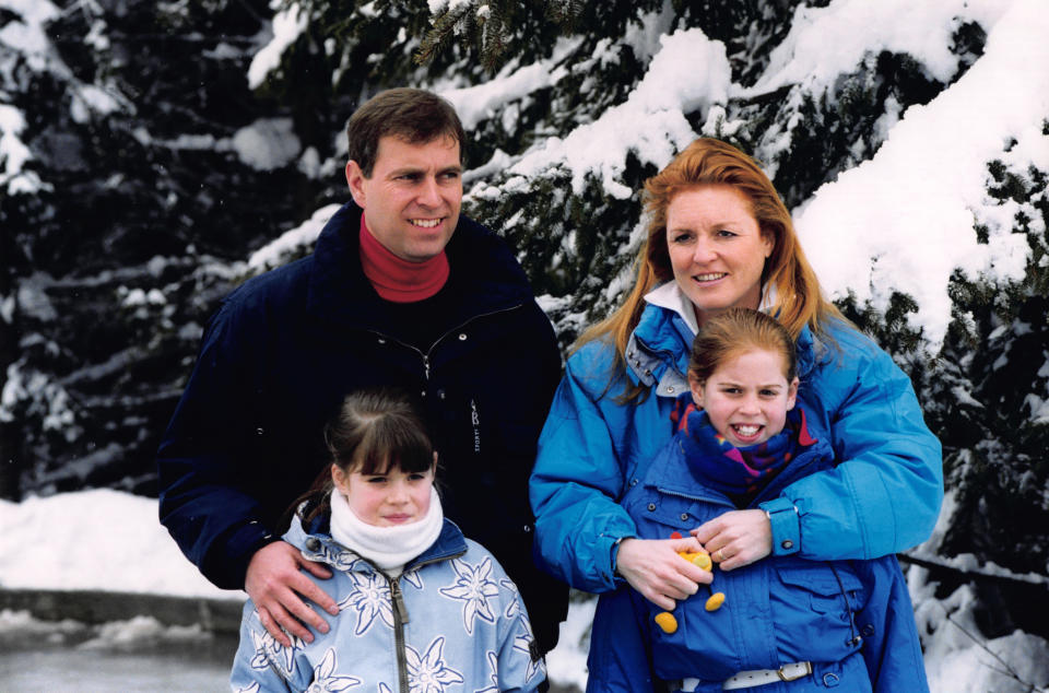 Prince Andrew and Sarah Ferguson, Duchess of York with their daughters Princess Eugenie and Princess Beatrice on holiday in Verbier, Switzerland on 20 February 1999