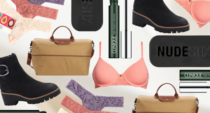 collage of nordstrom cyber monday sales with travel bag, bra, underwear, makeup