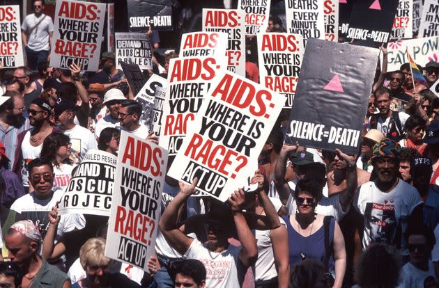 An ACT UP demonstration at the 25th annual Gay Pride Parade in New York City on June 26, 1994. Many demonstrators carried a sign reading 