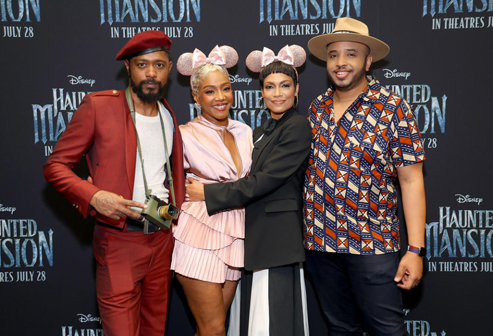 (L-R) LaKeith Stanfield, Tiffany Haddish, Rosario Dawson and Justin Simien attend the Disney Studios Showcase at EssenceFest 2023 at Film Festival Theater at the Convention Center on July 01, 2023 in New Orleans, Louisiana.