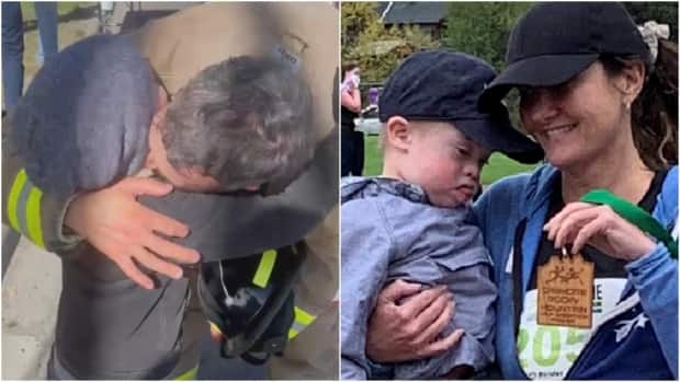 Calgary firefighter Devin Featherstone embraces his son, Kai, in a recent marathon, left, while Telara Renz celebrates her completion of a half marathon in Canmore, Alta., with her son Kolby. Both tell CBC News their reasons for participating are intensely personal. (Submitted by Devin Featherstone/Submitted by Telara Renz - image credit)