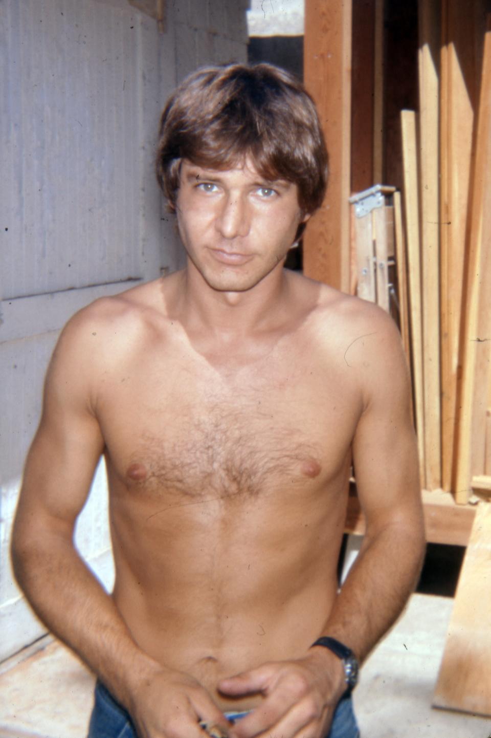 A photo of a young, shirtless Harrison Ford.