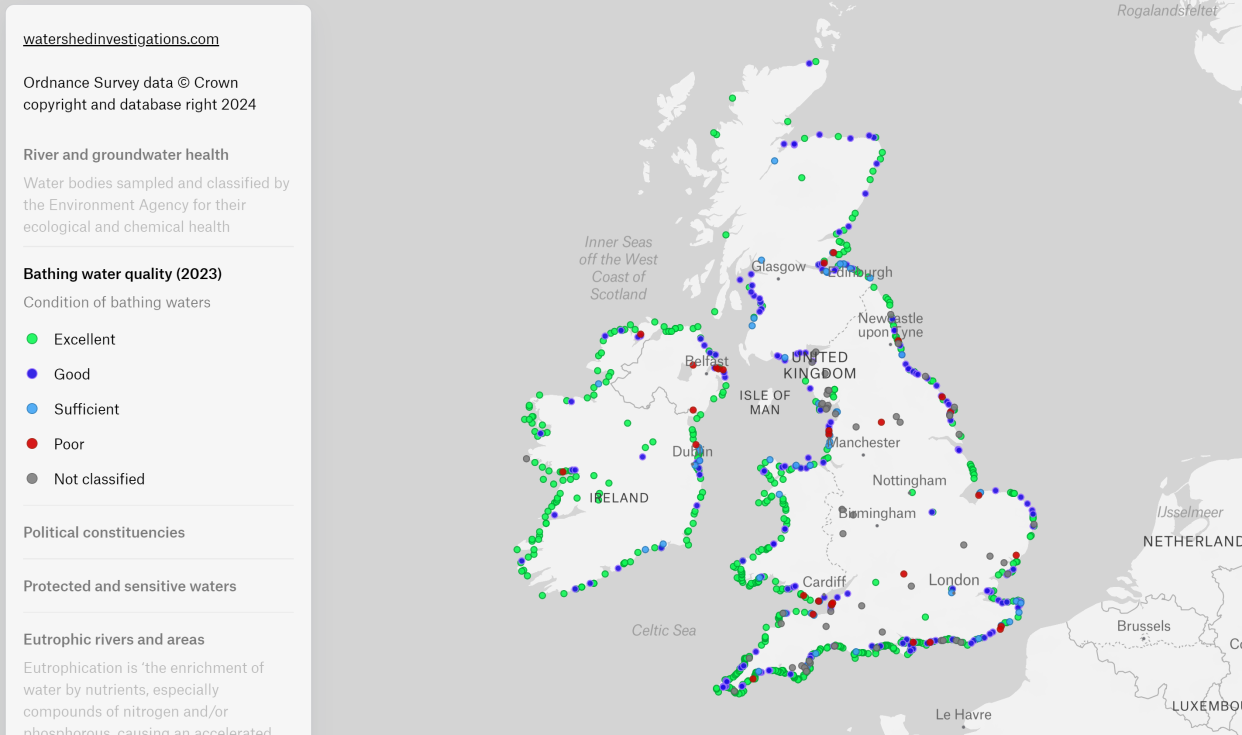 Map showing bathing water quality areas across Great Britain