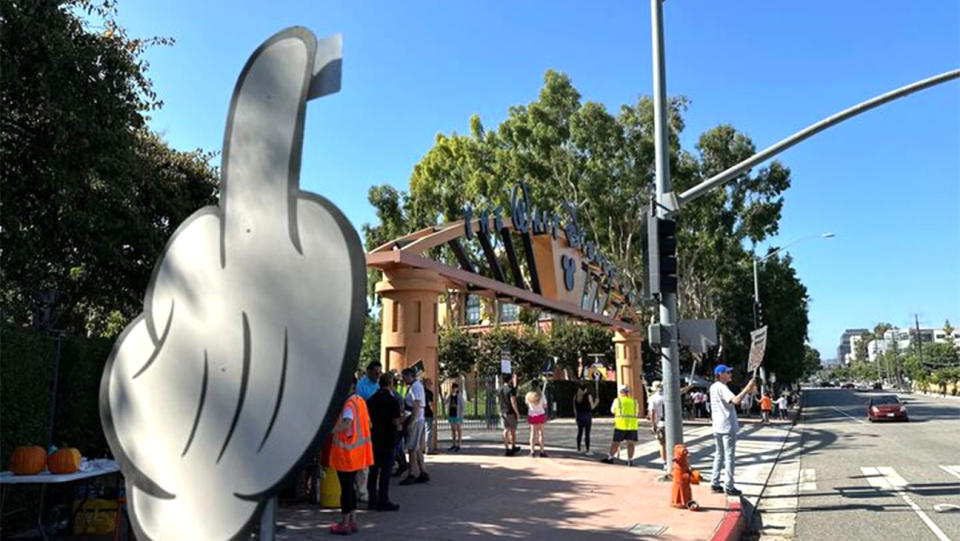 Picketers outside Disney on Oct 12, 2023, in Burbank.