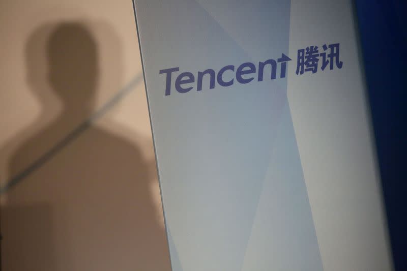 File photo of Tencent company name at a news conference in Hong Kong