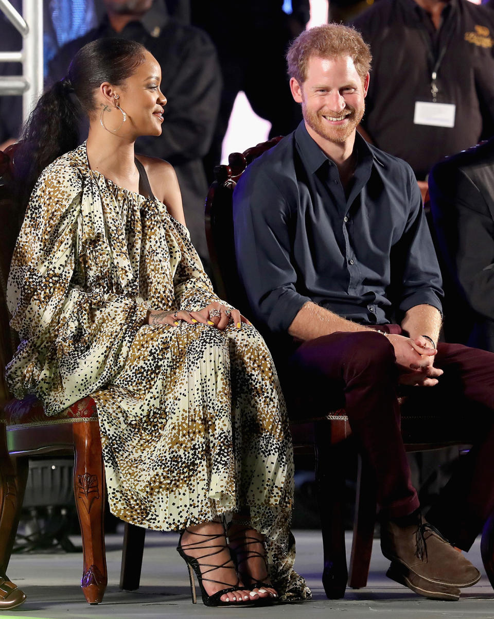 BRIDGETOWN, BARBADOS - NOVEMBER 30: Prince Harry and singer Rihanna attend a spectacular Golden Jubilee mega concert at the Kensington Oval Cricket Ground on day 10 of an official visit to the Caribbean on November 30, 2016 in Bridgetown, Barbados. Prince Harry's visit to the Caribbean marks the 35th anniversary of the independence of Antigua and Barbuda and the 50th anniversary of the independence of Barbados and Guyana. (Photo by Chris Jackson/Getty Images)