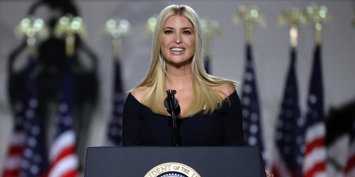 Ivanka Trump, daughter of U.S. President Donald Trump and White House senior adviser, addresses attendees as Trump prepares to deliver his acceptance speech for the Republican presidential nomination on the South Lawn of the White House August 27, 2020 in Washington, DC.