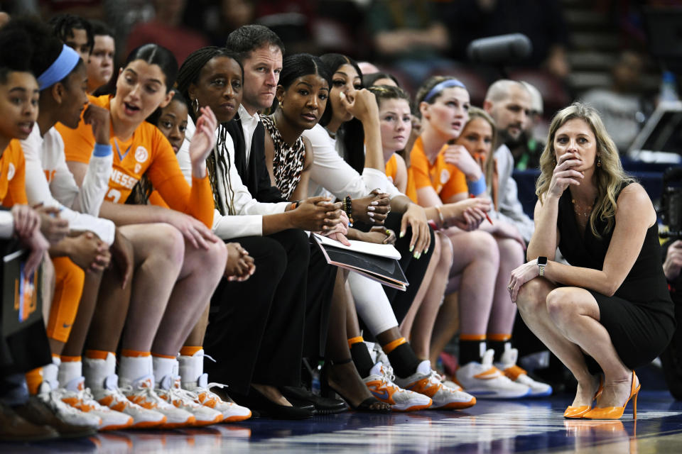 Tennessee head coach Kellie Harper sits on the sideline during the game against LSU during the semifinals of the SEC tournament at Bon Secours Wellness Arena in Greenville, South Carolina, on March 4, 2023. (Eakin Howard/Getty Images)