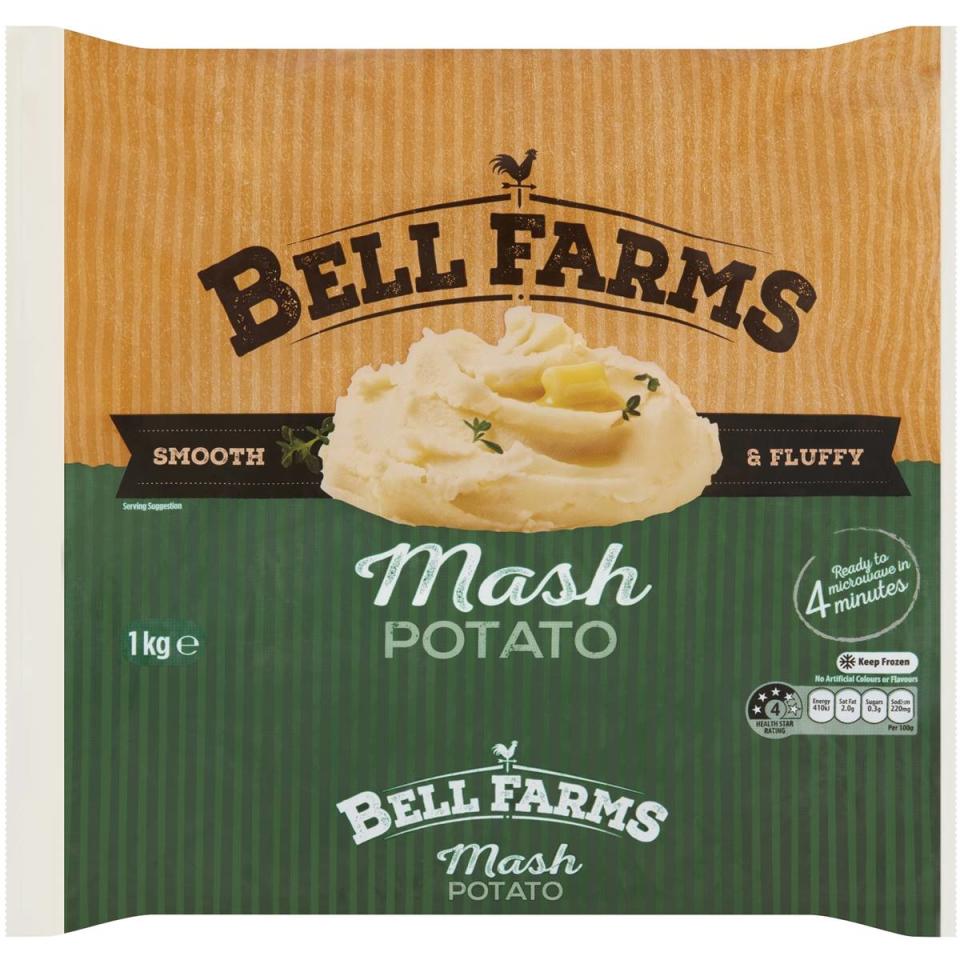 Woolworths Bell Farms Frozen Mash Potato 1kg. Photo: Woolworths.