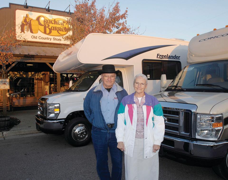 Truth Photo By Fred Flury Ray and Wilma Yoder with the two RVs they will drive to dealers in Florida. The Goshen couple try to dine at as many different Cracker Barrel locations as possible in their travels and to date have been to 567 locations.