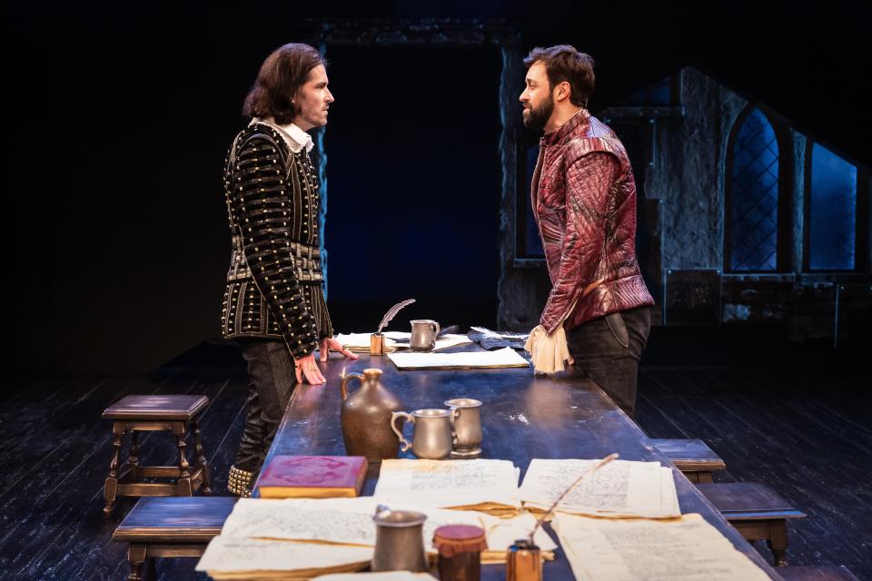 Matthew Amendt as Christopher Marlowe and Dylan Godwin as William Shakespeare in the Alley Theatre production of Liz Duffy Adams’ “Born With Teeth,” which will be presented during the Asolo Repertory Theatre’s 2023-24 season.