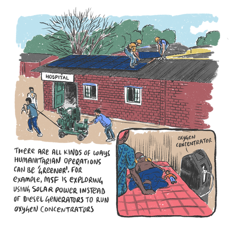 An illustration showing aid workers working with sustainable technology