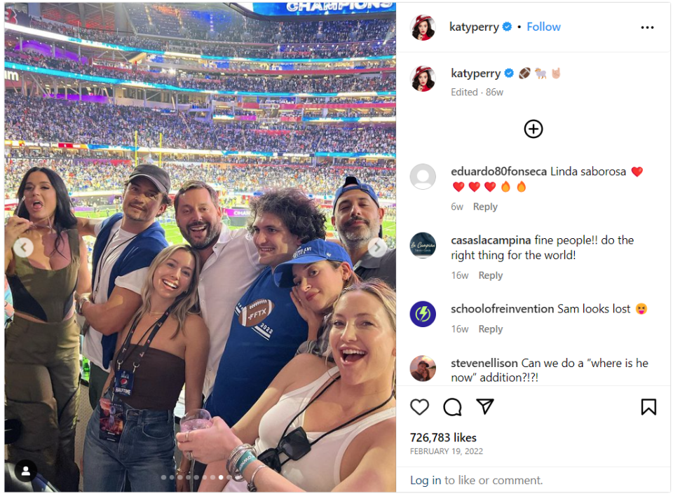 Katy Perry's Instagram displays a picture of Perry, Bloom, SBF, and others posing during the Super Bowl. 