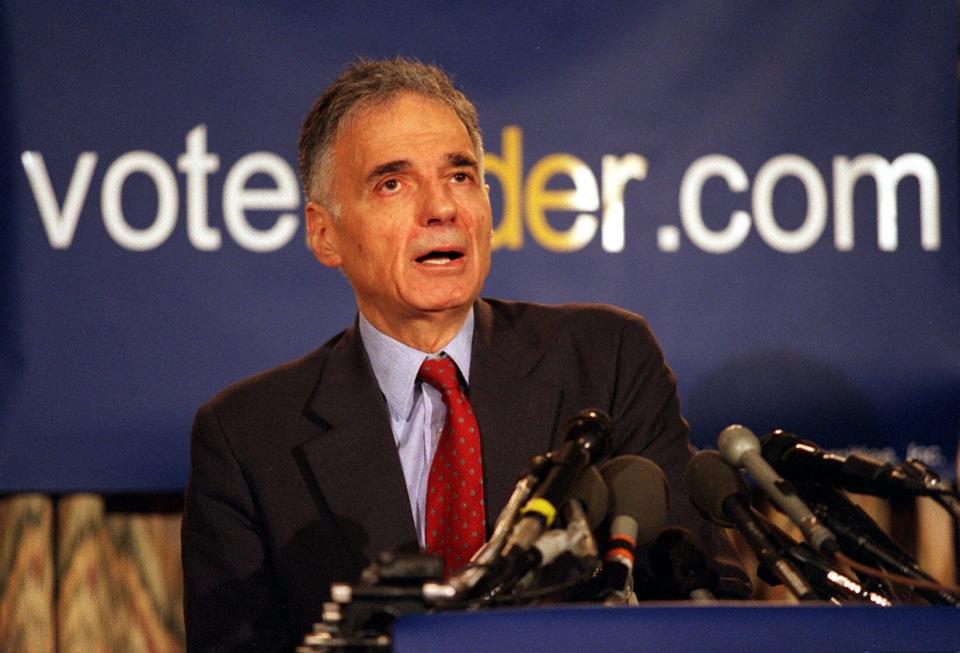 Consumer advocate Ralph Nader announcing his candidacy for president in 2000 at the Madison Hotel in Washington, D.C.