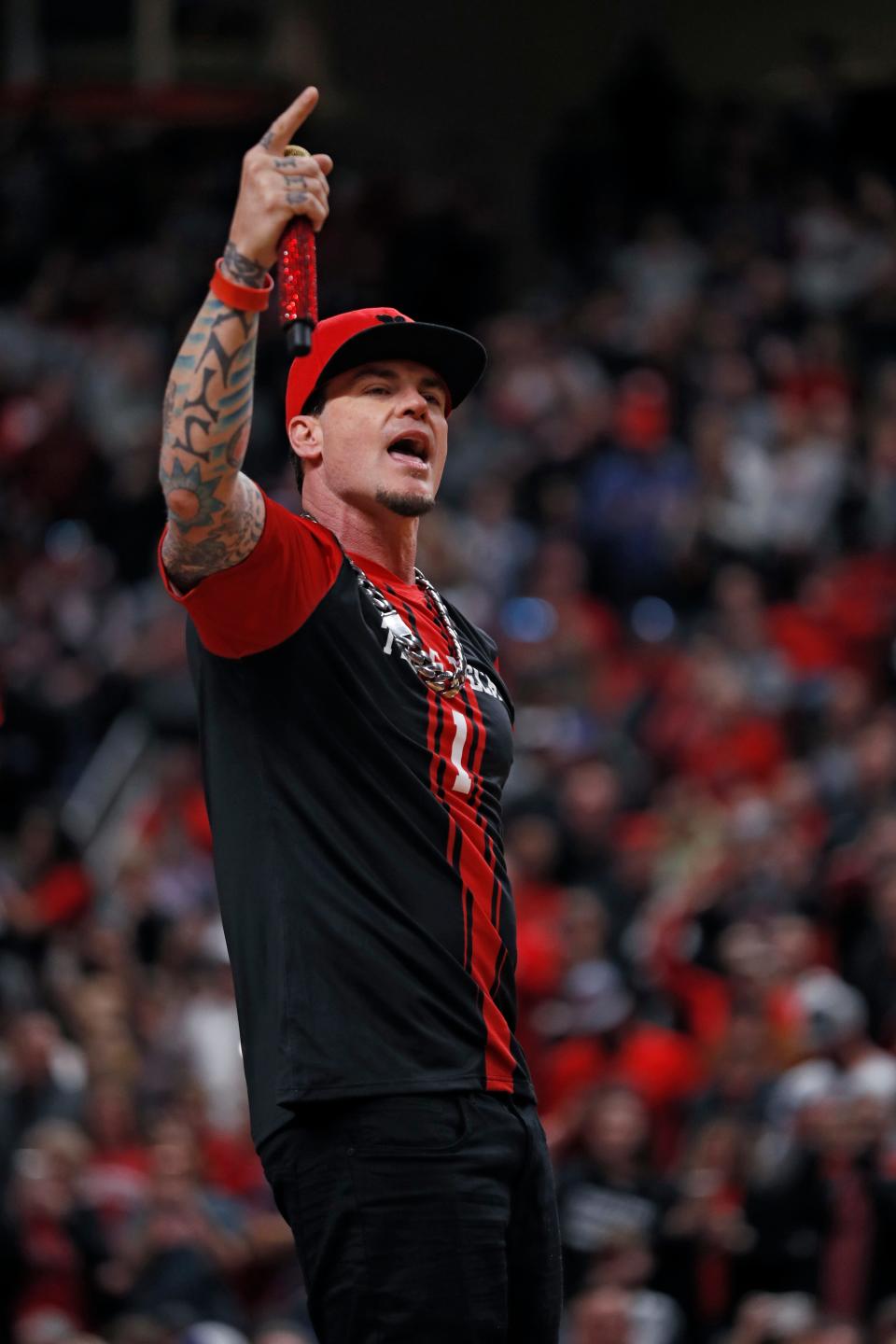 Vanilla Ice performs on stage during halftime of an NCAA college basketball game between Texas Tech and Iowa State, Saturday, Jan. 18, 2020, in Lubbock, Texas. (AP Photo/Brad Tollefson)