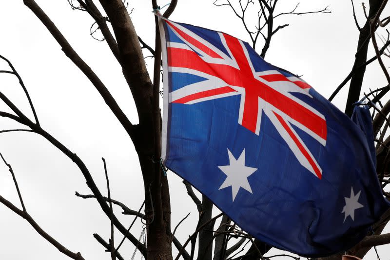 An Australian flag is seen hung in a tree burnt by bushfire on the property of farmer Jeff McCole in Buchan, Victoria, Australia