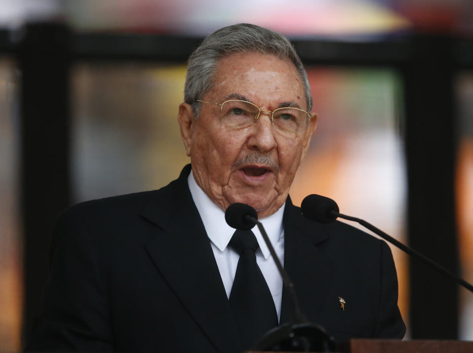 Cuba's President Raul Castro Ruz speaks during the memorial service for former South African president Nelson Mandela at the FNB Stadium in Soweto near Johannesburg, Tuesday, Dec. 10, 2013. (AP Photo/Matt Dunham)