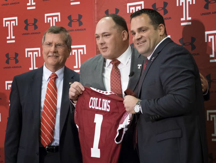 Former Florida DC Geoff Collins (C) is entering his first season as Temple’s head coach. (AP)