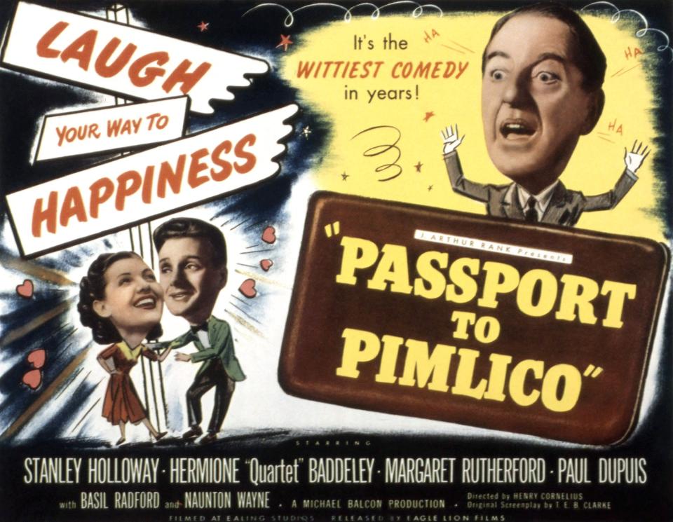 Passport To Pimlico, lobbycard, Barbara Murray, Paul Dupuis, Stanley Holloway, 1949. (Photo by LMPC via Getty Images)