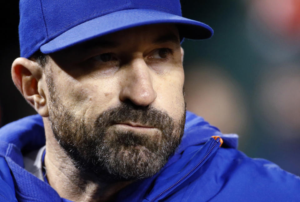 New York Mets manager Mickey Callaway stands in the dugout during the ninth inning of the team's baseball game against the Washington Nationals, Tuesday, May 14, 2019, in Washington. (AP Photo/Patrick Semansky)