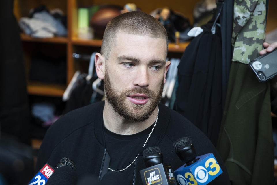 Philadelphia Eagles tight end Zach Ertz speaks with members of the media at the NFL football team's practice facility in Philadelphia, Monday, Jan. 6, 2020. The Eagles ended their season with a 17-9 loss to the Seattle Seahawks on Sunday. (AP Photo/Matt Rourke)