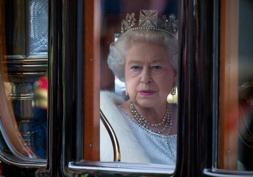 Queen Elizabeth II wears the George VI Festoon Necklace to the State Opening of Parliament on 9 May 2012 (Getty Images)