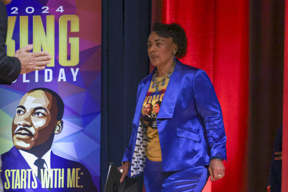 Bernice King walks to the podium during a news conference on the passing of her brother, Dexter Scott King, son of Dr. Martin Luther King, Jr. at the Yolanda D. King Theatre for the Performing Arts, Tuesday, Jan. 23, 2024 in Atlanta. (Jason Getz/Atlanta Journal-Constitution via AP)