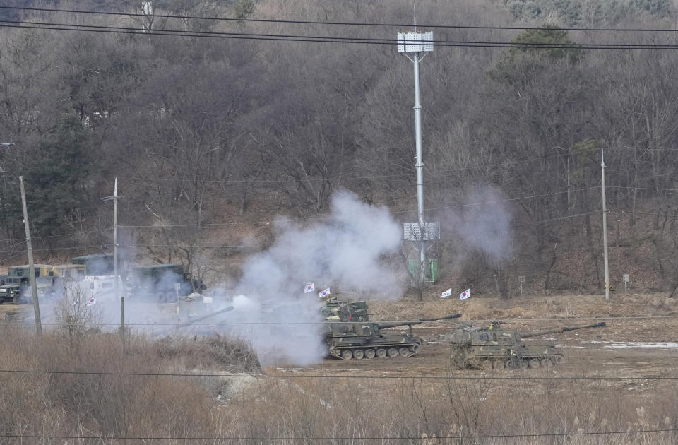 A South Korean army's K-9 self-propelled howitzer fires during a military exercise in Paju, South Korea, near the border with North Korea, Friday, Feb. 2, 2024. South Korea's military said it detected North Korea firing multiple cruise missiles into waters off its western coast Friday, adding to a provocative run of weapons testing in the face of deepening tensions with the United States, South Korea and Japan. (AP Photo/Ahn Young-joon)