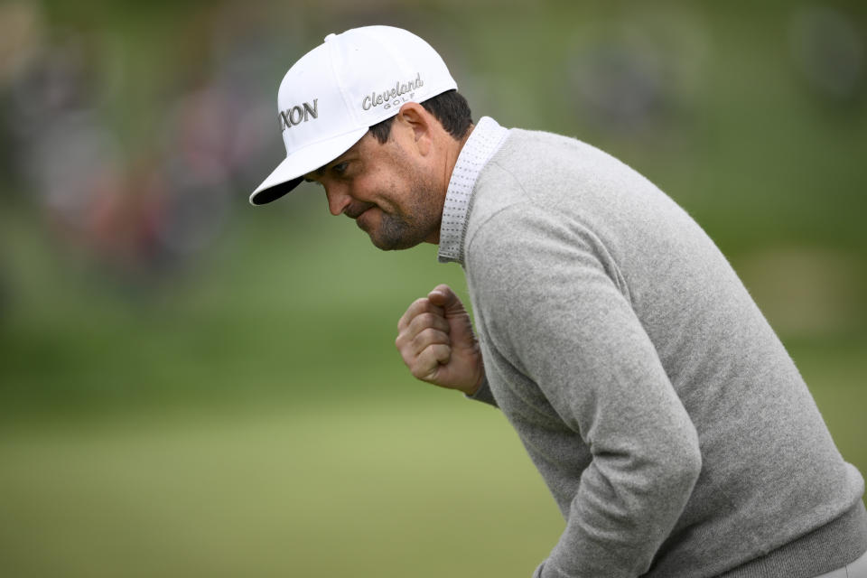 Keegan Bradley reacts after making a putt on the 16th hole during the final round of the Wells Fargo Championship golf tournament, Sunday, May 8, 2022, at TPC Potomac at Avenel Farm golf club in Potomac, Md. (AP Photo/Nick Wass)