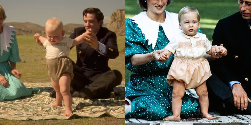 <p>In season 4, we're not only introduced to Princess Diana, but also a six-month-old Prince William. In one scene, the show recreated his tan bubble bottoms and smock shirt he wore on the royal tour in 1983. </p>