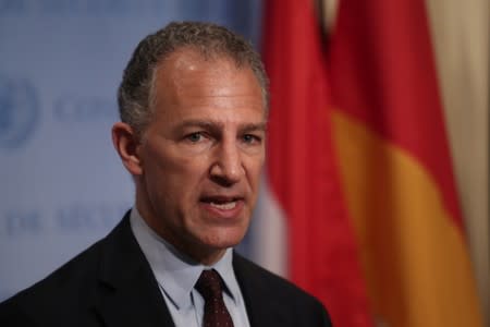 Acting U.S. Ambassador to the United Nations Jonathan Cohen speaks to the media after closed door Security Council meetings on Iran at the U.N. headquarters in New York