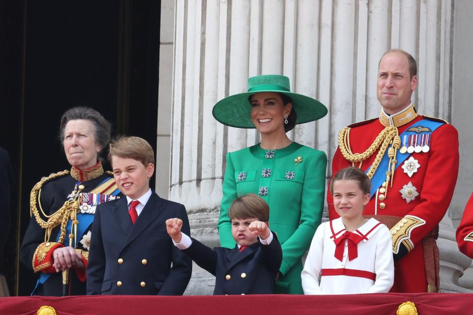 london, england june 17 princess anne, princess royal, prince george of wales, prince louis of wales, princess charlotte of wales, catherine, princess of wales and prince william, prince of wales stand on the balcony of buckingham palace to watch a fly past of aircraft by the royal air force during trooping the colour on june 17, 2023 in london, england trooping the colour is a traditional parade held to mark the british sovereigns official birthday it will be the first trooping the colour held for king charles iii since he ascended to the throne photo by neil mockfordgetty images